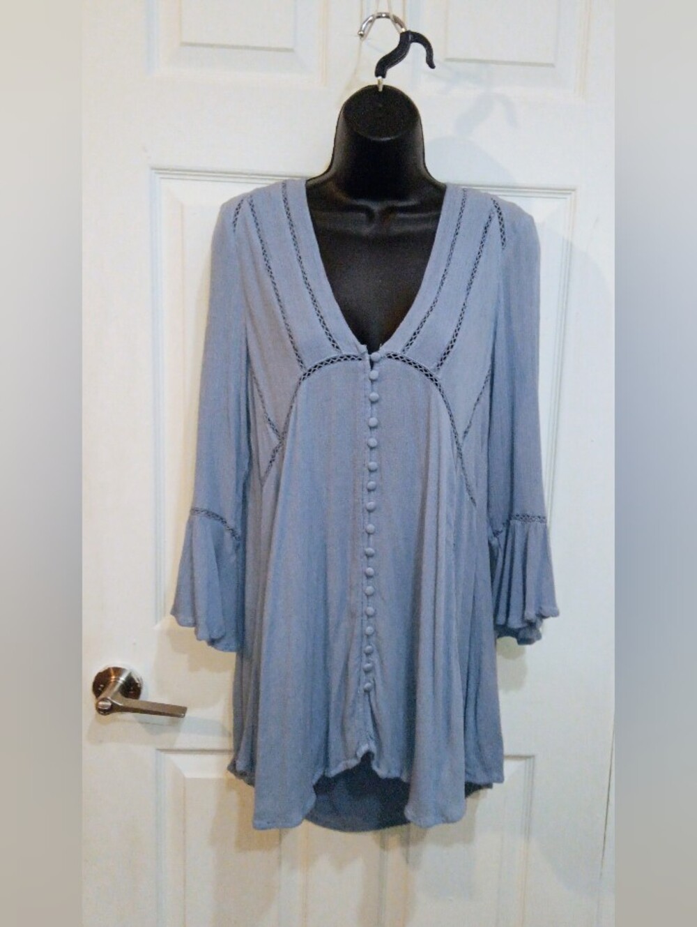 Miley Cyrus & Max Azria Light Blue V‑Neck Button Front Mini Dress